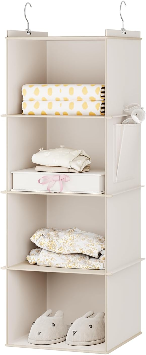 YOUDENOVA Hanging Closet Organizer and Storage for Clothes, 4-Shelf, Beige | Locker/RV/Camper Organizer, Side Pocket, Hanging Shelves for Small Closet, Dorm Room Essentials for Guys, Breathable Fabric