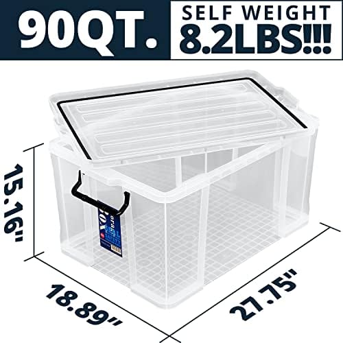 3-Pack Waterproof Plastic Storage Box, 90QT/85L Stackable Latch Box Durable Multi-Purpose Locking Bin with Lid and Black Clips for Bedding, Toys, Shoes and Clothes