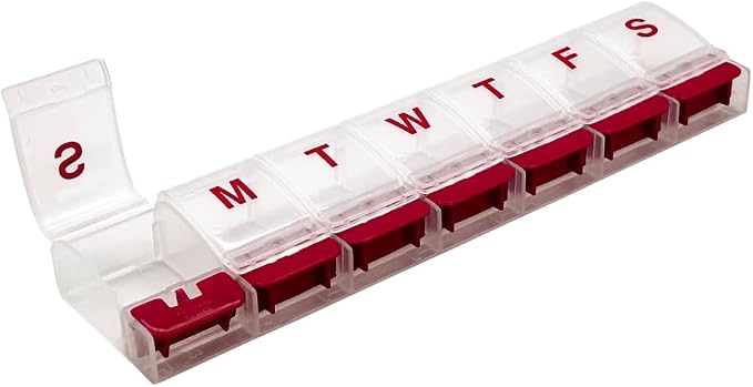 Ezy Dose Weekly (7-Day) Pill Organizer, X-Large Medicine Case, Clear/Red | Daily Vitamin & Supplement Planner, Spacious Push-Button Compartments, Convenient & Easy to Use, Travel-Friendly, BPA-Free
