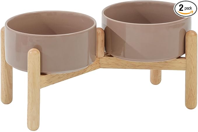 Havniva Ceramic Dog Bowls Elevated, Raised Dog Food Bowl for Small Dogs | 6.1” Elevated Dog Bowls, Non-Slip Wood Stand, Dog Food and Water Bowl Set, Dog Feeding Dish, Large Capacity Pet Water Bowl