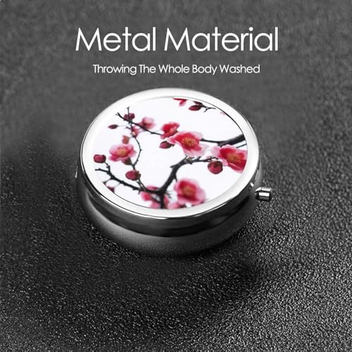 Cherry Japanese Cherry Blossom Printed Pill Organizer,Round Travel Pill Organizer Mini Medicine Pill Box for Purse Iron Plating