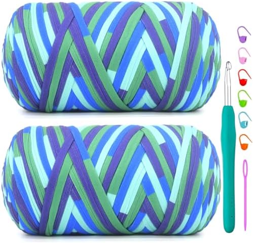 2 Pack Tshirt Yarn for Crochet,Rainbow T Shirt Soft Elastic Fabric Chunky Thick T-Shirt Crochet Yarn for Crocheting Knitting Beginner Hand Knitting Bag/DIY Craft/Home Decor 2 * 400G-Ocean Tone