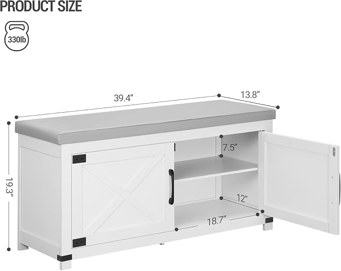 Hzuaneri 39.4" Shoe Storage Bench, with Soft Padded Seat Cushion & Doors | 2 Tier Entryway Storage Bench with Adjustable Shelf, Farmhouse Shoe Cabinet for Living room, Bedroom, White SB26603GY