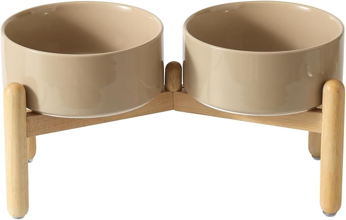 Havniva Ceramic Dog Bowls Elevated, Raised Dog Food Bowl for Small Dogs | 7.3” Elevated Dog Bowls, Non-Slip Wood Stand, Dog Food and Water Bowl Set, Dog Feeding Dish, Large Capacity Pet Water Bowl