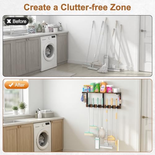 Housolution Wall Mount Broom Holder Hanger Laundry Room Storage Shelves | Thickened Metal Frame, 100 LBS High Load-Bearing, Large Capacity, Multifunctional with 7 Grippers & 8 Hooks