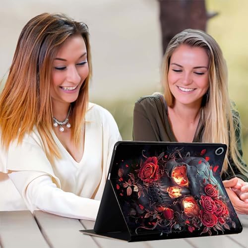 for Samsung Galaxy Tab A8 10.5 Inch 2022 (SM-X200/X205/X207) Tablet Case,Premium Leather Folio Stand Auto Wake/Sleep,Multiple Viewing Stand,Skull Rose Flowers