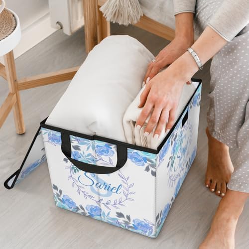 Blue Storage Bin with Lid Personalized Storage Baskets for Organizing Foldable Closet Organizers with Handles,Cute Basket for Boys Girls for Clothes Blanket Pet Dog Toy Basket Storage (2 Pack)