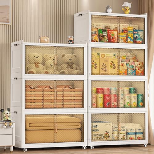 Stackable Storage Bins with Lid,147Gal Closet Organizers and Plastic Cabinets Shelves, Collapsible Drawers with PET Clear Doors, Foldable Boxes with Wheels for Home Office, 3Pack (590QT)