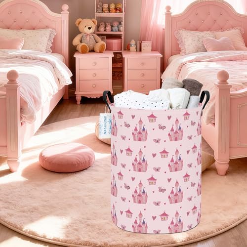 Round Laundry Basket Collapsible Storage Hamper Pink Castle | Waterproof Canvas Foldable Baskets with sturdy Handles Multi-scene Organizer for Home Play Bedroom Gift Bin