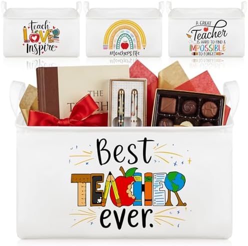 Breling 4 Pcs Teacher Appreciation Gift Basket Empty Best Teacher Ever Storage Baskets with Handle Large Collapsible Storage Bins Box for Back to School Book Office, 15 x 10 x 8 inch