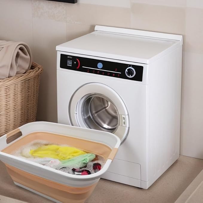 SAMMART 41L (10.8 gallon) Collapsible Plastic Laundry Basket - Foldable Pop Up Storage Container/Organizer - Portable Washing Tub - Water capacity: 32L (8.4 gallon) (Rectangular, White/Beige)