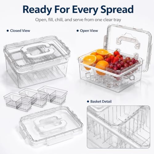 VECELO Ice‑Chilled Serving Tray with 3 Removable Draining Compartments, Cold Food Platter for Party Picnic Buffet,White