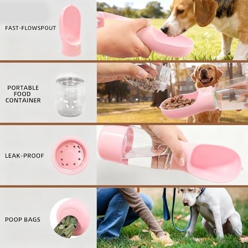 3-in-1 Portable Dog Water Bottle Leak Proof 14oz Pink | Pet Water Dispenser with Built-in Snack Storage, Waste Bag Holder, For Outdoor Walking, Hiking, Travel