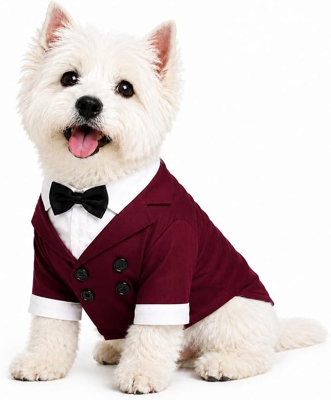 Lovelonglong Pet Costume Dog Suit Formal Tuxedo with Black Bow Tie for Large Medium Small Dogs Cat Wedding Clothes Reddish Brown L