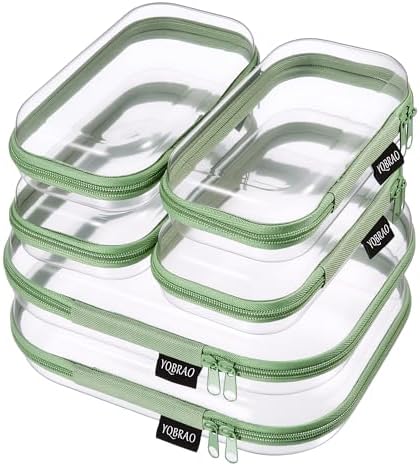 YQBRAO Clear Hard Shell Zipper Cases, 6 Travel Organizers, 2M 4S, Green