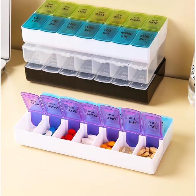 Weekly Pill Organizer Dispenser Case, 2 Times a Day, One-Side Open | 7 Day Medicine Planner Box for Easy Filling, AM PM Pill Case for Vitamins, Medication, Supplements, Fish Oils, Blue + Green