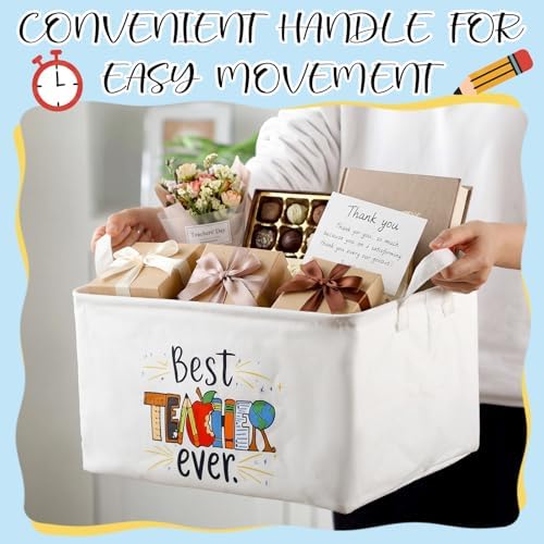 Breling 4 Pcs Teacher Appreciation Gift Basket Empty Best Teacher Ever Storage Baskets with Handle Large Collapsible Storage Bins Box for Back to School Book Office, 15 x 10 x 8 inch
