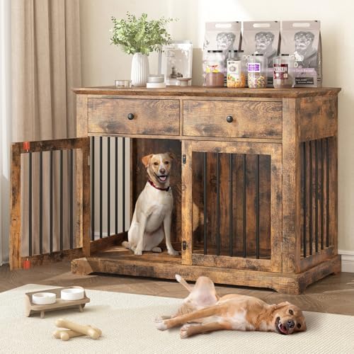 PRETZI Dog Crate Furniture, 44 Inch Wooden Dog Kennel Indoor with 2 Storage Drawers, Heavy Duty Large Crate Furniture, Rustic Style Decorative End Table Cage for Small/Medium/Large (Brown)