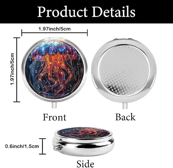 Portable Round 3 Compartment Metal Pill Box Beautiful Fantasy Jellyfish Design Ideal for Organizing Medication Travel or Home Use