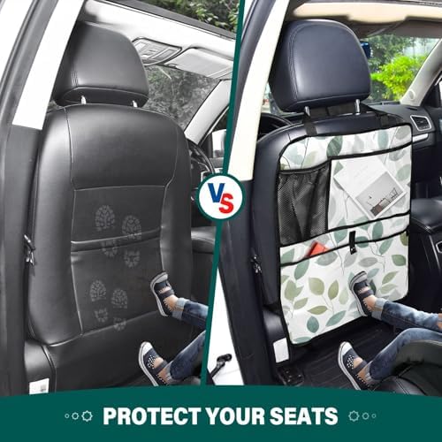 2 Pack Back Seat Car Organizer with Storage Pockets Kick Mats Back Seat Protector Hanging Car Organizer Automotive Seat Back Cover Organizers Fresh Green and Grey Leaves