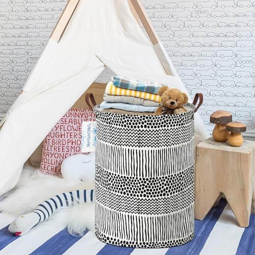 Round Laundry Basket Collapsible Storage Hamper Organizer Black Line | Waterproof Canvas Foldable Baskets with sturdy Handles Multi-scene Organizer for Home Play Bedroom Gift Bin