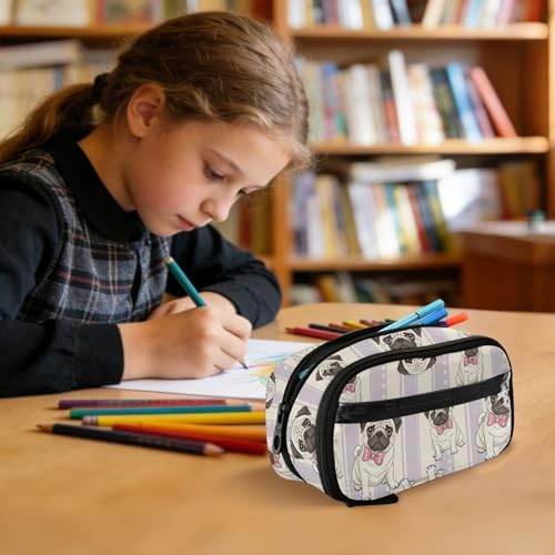 Cute Pets Pug Purple print Large Capacity Pencil Case with Zipper Water Resistant Portable Organizer Pen Bag for Office Students School