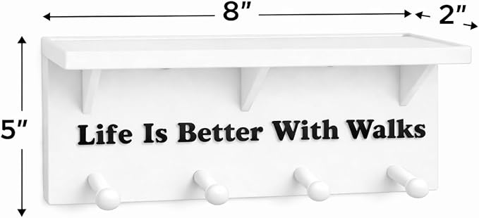 Dog Leash Holder for Wall with Shelf – 4 Hook Wall Mounted Organizer for Leashes, Harnesses & Accessories – “Life is Better with Walks” Entryway Pet Storage Rack
