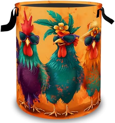 Funny Chicken Laundry Basket Hamper, Organizer Bins Gifts for Women Kids, Cool Rooster Farmhouse Foldable Waterproof Clothes Hamper Handles Storage Bucket for Bedroom Bathroom Room Decor 19.7"x15.7"