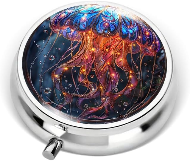 Portable Round 3 Compartment Metal Pill Box Beautiful Fantasy Jellyfish Design Ideal for Organizing Medication Travel or Home Use