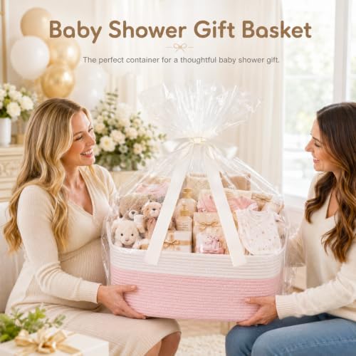OIASKET Large Empty Cotton Rope Gift Basket with Handles, 16.5"x12.6"x7" Decorative Woven Storage Basket with Gift Bag and Ribbon Set for Baby Shower, Toy Organizer for Kids, Dogs & Cats - Pink&White