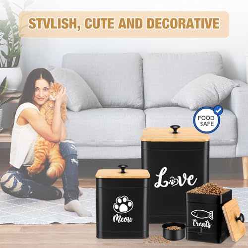 Jingmore Metal Airtight Cat Food Containers Set of 3 with Bamboo Lids and Spoon 7+3+2 Lbs Cat Treat Storage Container Countertop with DIY Labels Pet Cookie Organizer Jars for Kitchen Counter(Black)