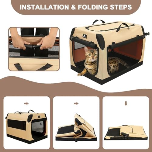 X-ZONE PET 3-Door Portable Soft-Sided Folding Soft Dog Travel Crate Collapsible Pet Kennel,XX-Large, 40 x 27 x 27 Inches,Tan