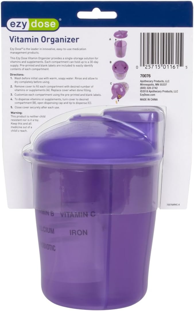 Ezy Dose 30-Day Vitamin Organizer, 6 Large Compartments, Purple, BPA-Free | Monthly Storage System Features Spacious Sections for Supplements, 6 Large Compartments for Organized Daily Routines