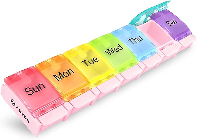 AUVON Weekly Pill Organizer Arthritis Friendly, BPA Free Travel 7 Day Pill Box Case with Spring Open Design and Large Compartment to Hold Vitamins, Cod Liver Oil, Supplements and Medication