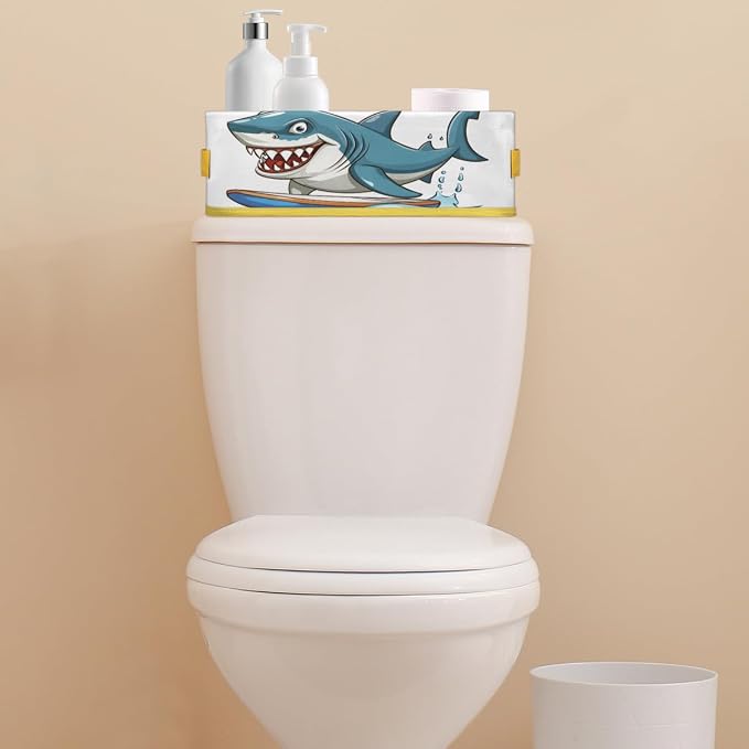 Shark Surfing Cartoon Blue Bathroom Storage Basket, Foldable with Handle Open Countertop Paper Towel Decorative Box, Toilet Tank Top Shelf Baskets for Home Closet Bedroom Living Room Office