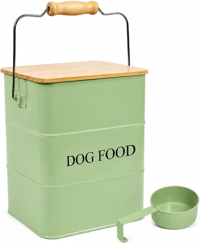 Morezi Metal Dog Food Storage Container 5~6 lbs, Pet Food Treat Canister | Airtight Dog Treat Food Storage Tin with Wooden Lid and Scoop- Powder Coated Carbon Steel- for Dry Dog Cat Food Kibble-Green
