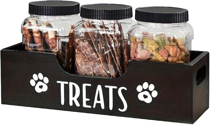Dog Treat Container for Countertop, Pet Snack Storage Box Includes 3 Treat Jar & Wooden Pet Treat Container Pet Food Organizer For Puppy Airtight Dog Treat Storage With Lids