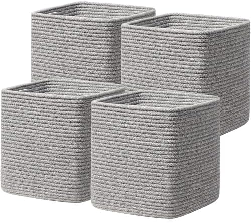 joybest 11inch Cube Storage Bins, Cotton Rope Woven Organizer Basket | Set of 4 Cube Bin Square Shelves Organizer Closet Storage, Nursery, Toy Organization, Grey