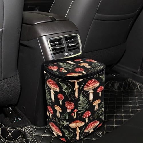 Car Accessories Back Seat Multipurpose Car Trash Can with Lid, Leak Proof Waterproof Hanging Car Garbage Can for Road Trip Travel, Mushroom Print