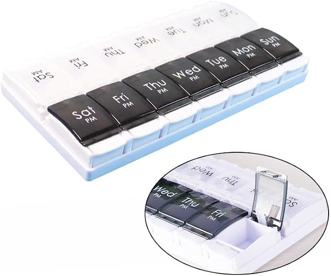 7-Day Portable Weekly Pill Case Daily Vitamin Medicine Box Planner | Travel Vitamin Organizer Dispenser, AM/PM, Large 14 Compartment Capsule Fish Oil Tablet Container, Black and Transparent Lids
