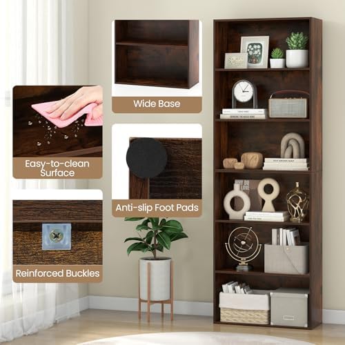 Giantex 6-Tier Bookcases Set of 2, 70" Tall Wooden Bookshelf, Freestanding Storage Organizer w/Open Shelves, Anti-Tipping Kits, Modern Floor Standing Display Shelves for Living Room, Rustic Brown