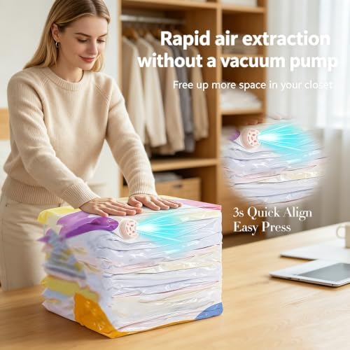 No-Pump Vacuum Storage Bags, 2026 New Press & Seal Reusable Space-Saving Bags，Air Tight Compression Storage Bags for Clothes, Comforters, Blankets, Bedding, Travel Home Organization(19.6x27.5in,4pc)