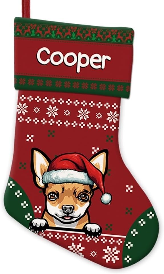 Personalized Christmas Stocking Lovely Chihuahua Dog Red Christmas Snowflake Xmas Holiday Stocking Fireplace Home Decor 14"