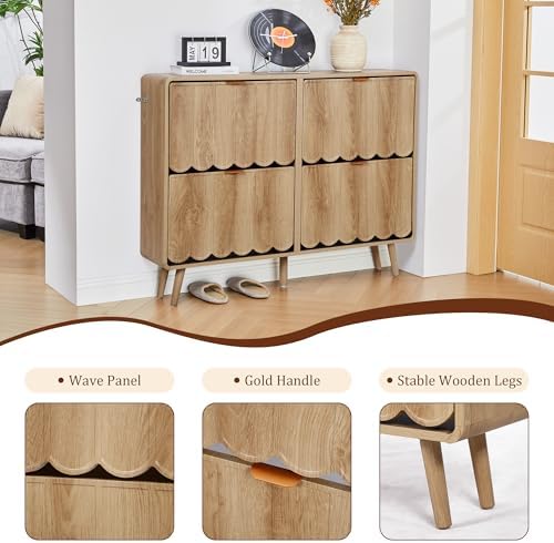 ORRD Shoe Storage Cabinet for Entryway with 4 Flip Drawers, Freestanding Narrow Wood Shoe Cabinet with Wave Panel, Hidden Shoe Organizer for Foyer, Hallway (Natural)