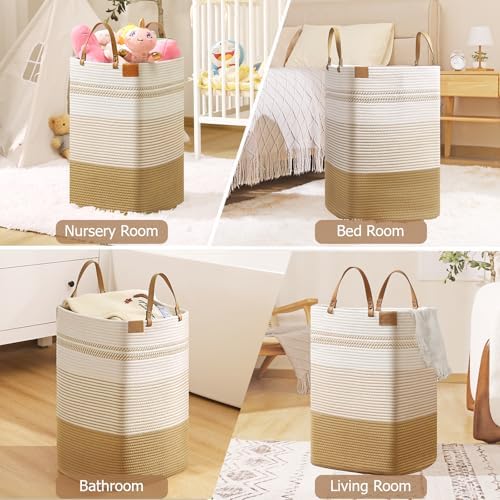 danpinera 100L Nursery Hamper, Tall Woven Laundry Basket with Long Leather Handles, Boho Laundry Hamper for Living Room & Bedroom, Eco-friendly & Convenient Decorative Storage Basket White & Jute