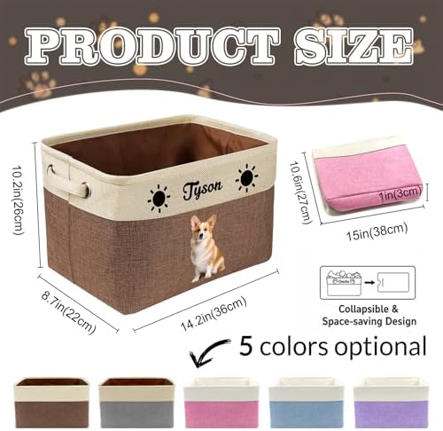 Personalized Fabric Dog Toy Basket Custom Pet Collapsible Toy Box with Name Picture Customized Storage Bins for Dog Toy Clothing,Brown