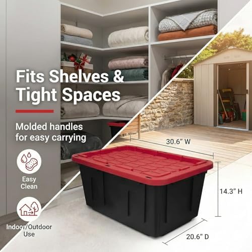 27 Gallon Heavy-Duty Storage Totes with Secure Snap Lids, 4-Pack Stackable Plastic Bins for Garage, Basement, Attic Organization - Black Base & Red Lid, Lockable Design for Indoor/Outdoor Use (4 PACK)