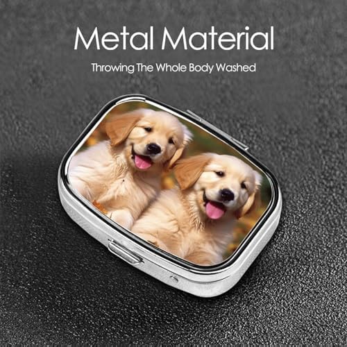 Golden Retriever Dogs Puppies Pets Pill Box 2 Compartment Medicine Pill Organizer Square Pill Case for Purse & Pocket Travel Pillbox Portable Metal Medicine Vitamin Fish Oil Organizer Unique Gift