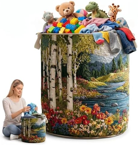 Rustic Farmhouse Laundry Hamper, Quilted Cotton Poly Storage Basket with Handles, Large Soft Bin for Living Room, Mudroom & Entryway(20" x 28")