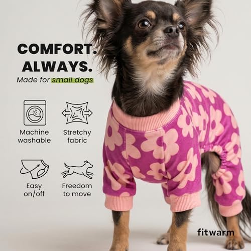 Fitwarm Flower Fleece Dog Pajamas, Warm Winter Dog Clothes for Small Dogs Girl, Cozy Pet Onesie with Feet, Pink, Medium